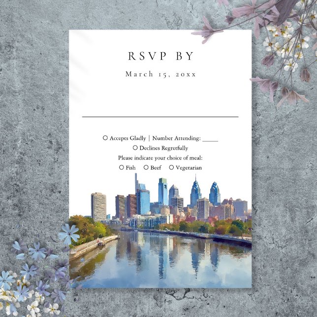 Elegant Philadelphia Skyline Watercolor Wedding RSVP Card (Elegant Philadelphia Skyline Watercolor Wedding RSVP Card)