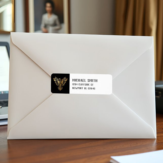 Elegant Phoenix Black Gold Tribal Bird Chic Modern Label (Elegant black and gold phoenix return labels with tribal style for bold, masculine mail.)