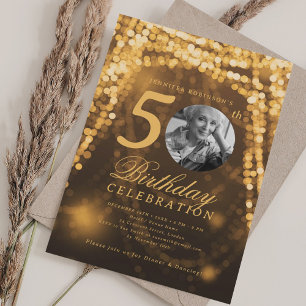 Elegant Photo 50th Birthday Gold Glam Lights Invitation