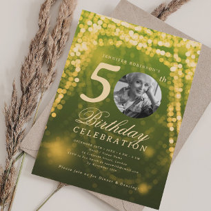 Elegant Photo 50th Birthday Gold Green Glam Lights Invitation