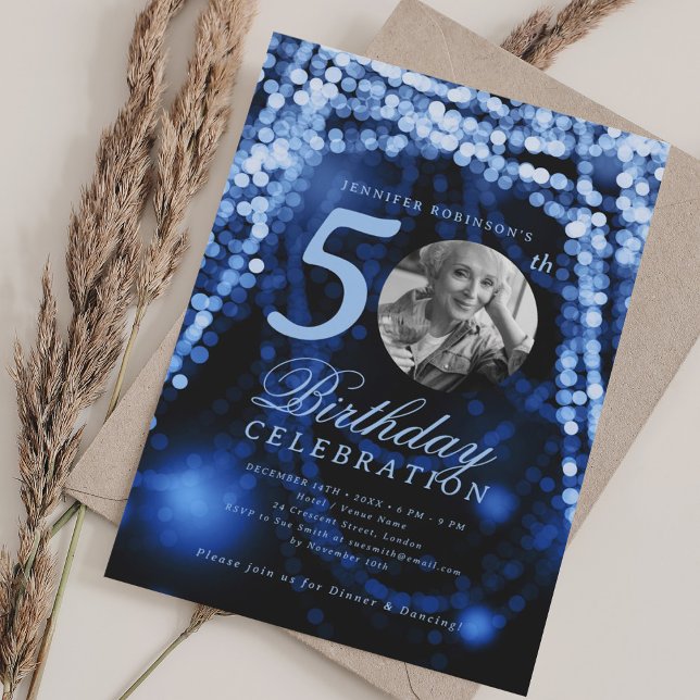 Elegant Photo 50th Birthday Navy Blue Glam Lights Invitation (Elegant Photo 50th Birthday Navy Blue Glam Lights Invitation)