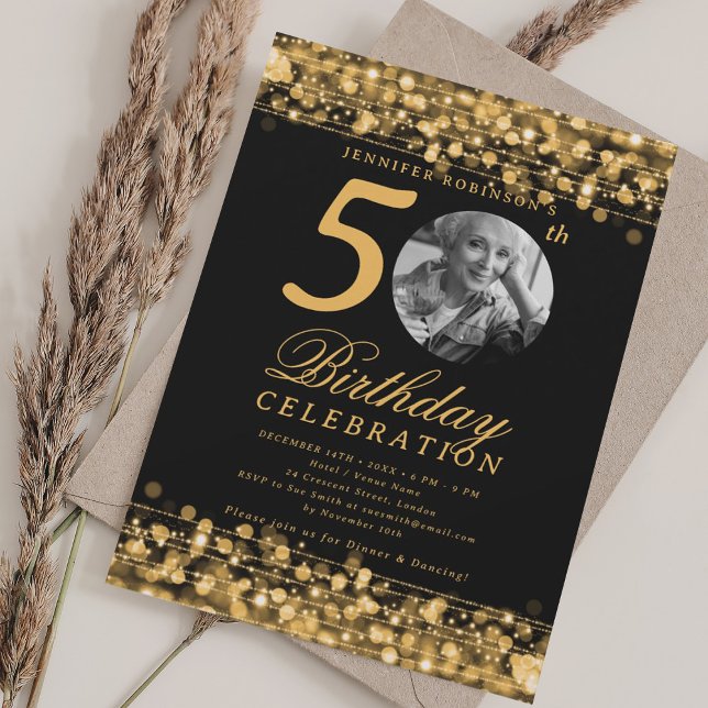 Elegant Photo 50th Birthday Party Gold Lights Invitation (Elegant Photo 50th Birthday Party Gold Lights Invitation)