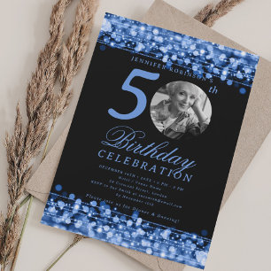 Elegant Photo 50th Birthday Party Navy Blue Lights Invitation