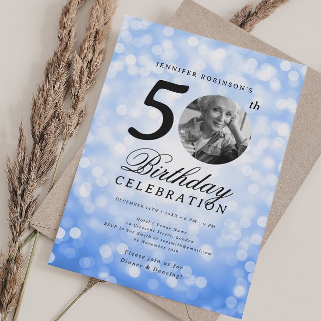 Elegant Photo 50th Birthday Party Navy Bokeh Invitation (Elegant Photo 50th Birthday Party Navy Bokeh Invitation)