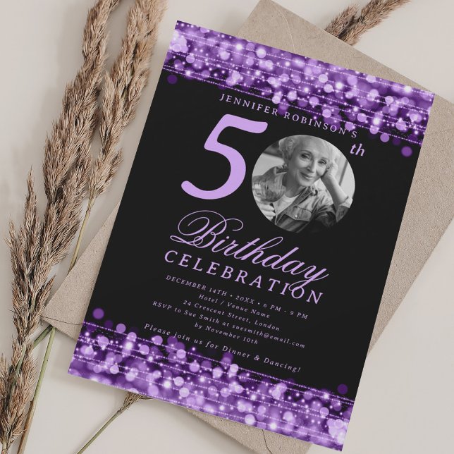 Elegant Photo 50th Birthday Party Purple Lights Invitation (Elegant Photo 50th Birthday Party Purple Lights Invitation)