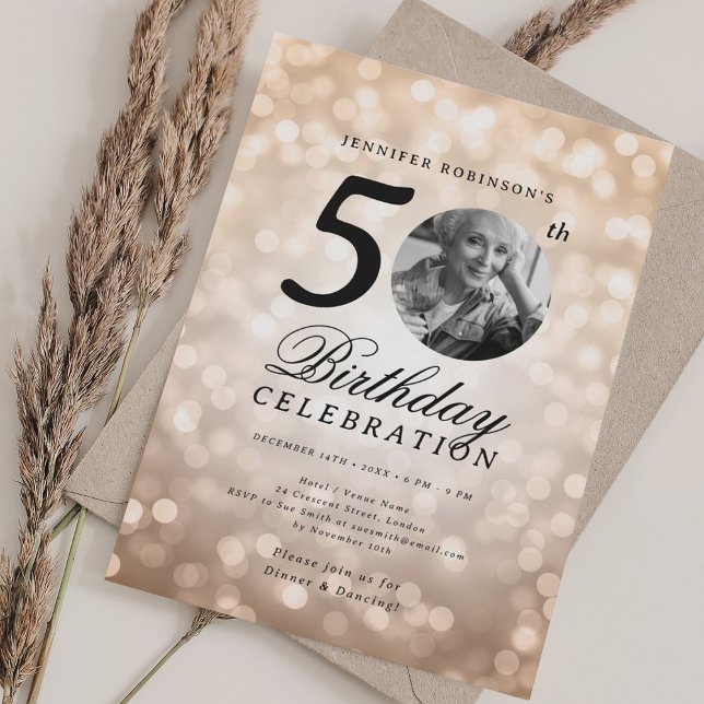 Elegant Photo 50th Birthday Party Rose Gold Bokeh Invitation (Elegant Photo 50th Birthday Party Rose Gold Bokeh Invitation)