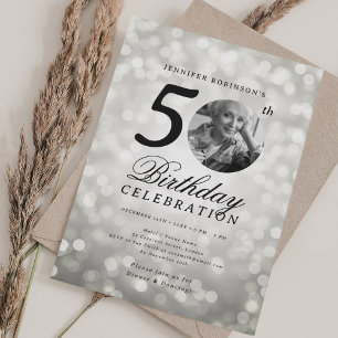 Elegant Photo 50th Birthday Party Silver Bokeh Invitation
