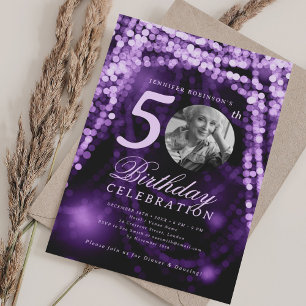 Elegant Photo 50th Birthday Purple Glam Lights Invitation