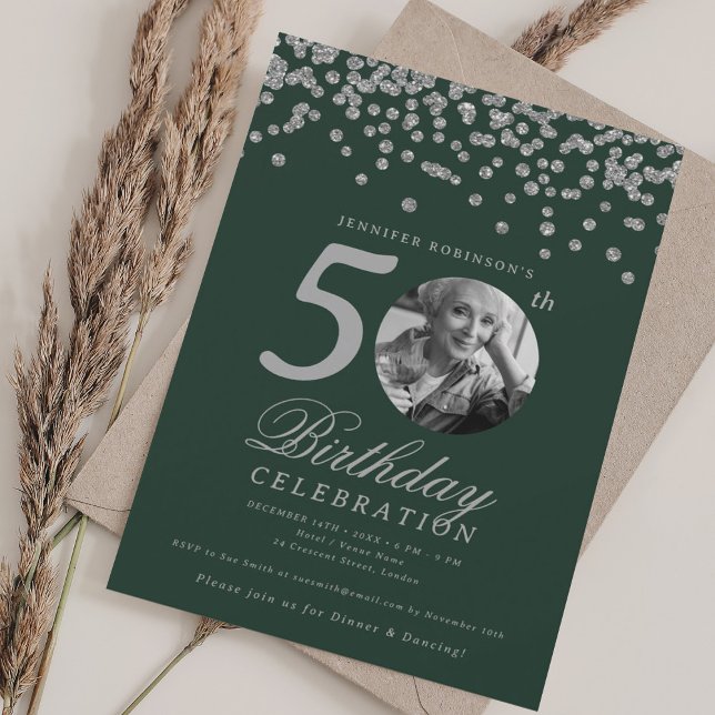 Elegant Photo 50th Birthday Silver Confetti Green Invitation (Elegant Photo 50th Birthday Silver Confetti Green Invitation)