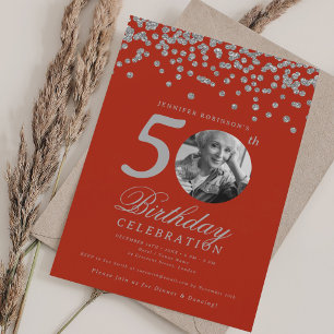 Elegant Photo 50th Birthday Silver Confetti Red Invitation