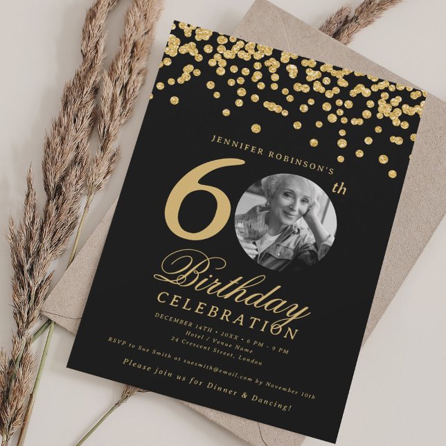 Elegant Photo 60th Birthday Gold Confetti Black  Invitation (Elegant Photo 60th Birthday Gold Confetti Black Invitation)