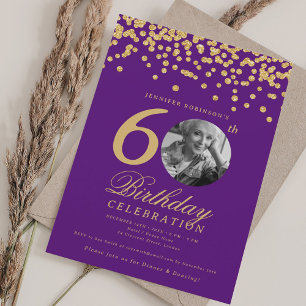 Elegant Photo 60th Birthday Gold Confetti Purple Invitation