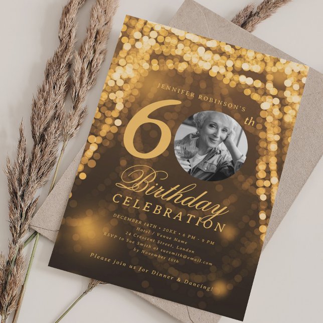Elegant Photo 60th Birthday Gold Glam Lights Invitation (Elegant Photo 60th Birthday Gold Glam Lights Invitation)