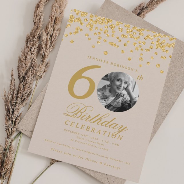 Elegant Photo 60th Birthday Gold Glitter Champagne Invitation (Elegant Photo 60th Birthday Gold Glitter Champagne Invitation)
