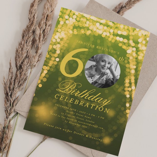 Elegant Photo 60th Birthday Green Gold Glam Lights Invitation (Elegant Photo 60th Birthday Green Gold Glam Lights Invitation)