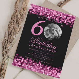 Elegant Photo 60th Birthday Party Hot Pink Lights Invitation