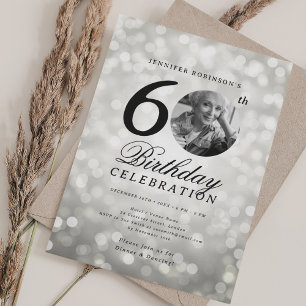 Elegant Photo 60th Birthday Party Silver Bokeh Invitation