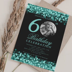 Elegant Photo 60th Birthday Party Teal Lights Invitation