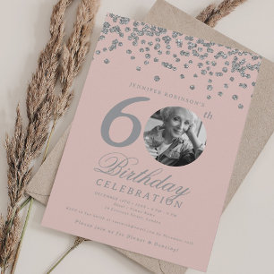 Elegant Photo 60th Birthday Silver Confetti Blush Invitation