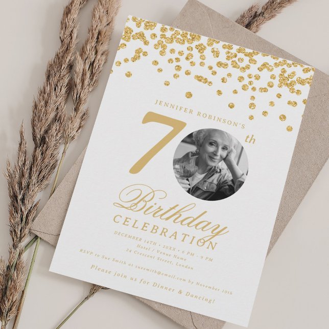 Elegant Photo 70th Birthday Gold Confetti Invitation (Elegant Photo 70th Birthday Gold Confetti Invitation)