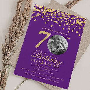 Elegant Photo 70th Birthday Gold Purple Confetti Invitation