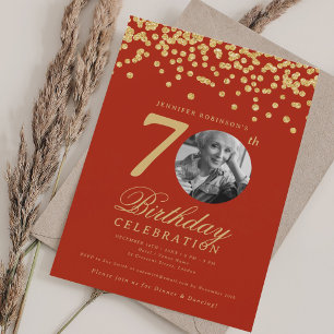Elegant Photo 70th Birthday Gold Red Confetti  Invitation