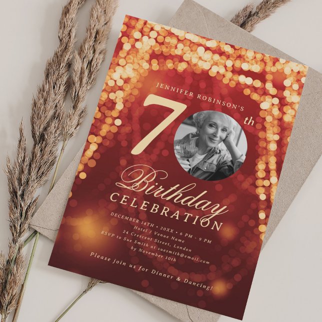 Elegant Photo 70th Birthday Gold Red Glam Lights Invitation (Elegant Photo 70th Birthday Gold Red Glam Lights Invitation)