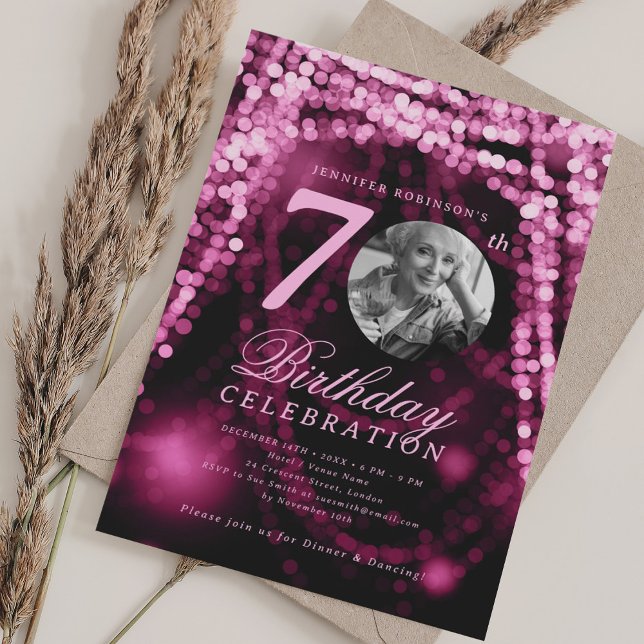 Elegant Photo 70th Birthday Hot Pink Glam Lights Invitation (Elegant Photo 70th Birthday Hot Pink Glam Lights Invitation)