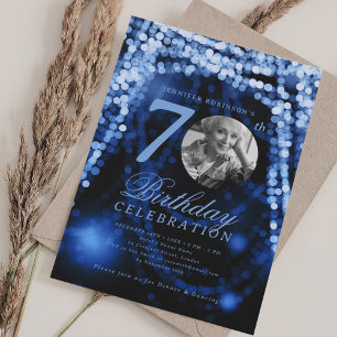 Elegant Photo 70th Birthday Navy Blue Glam Lights Invitation