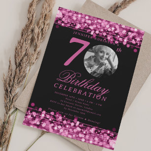 Elegant Photo 70th Birthday Party Hot Pink Lights Invitation