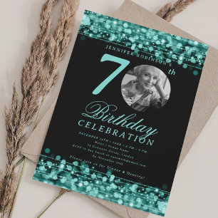 Elegant Photo 70th Birthday Party Teal Lights Invitation