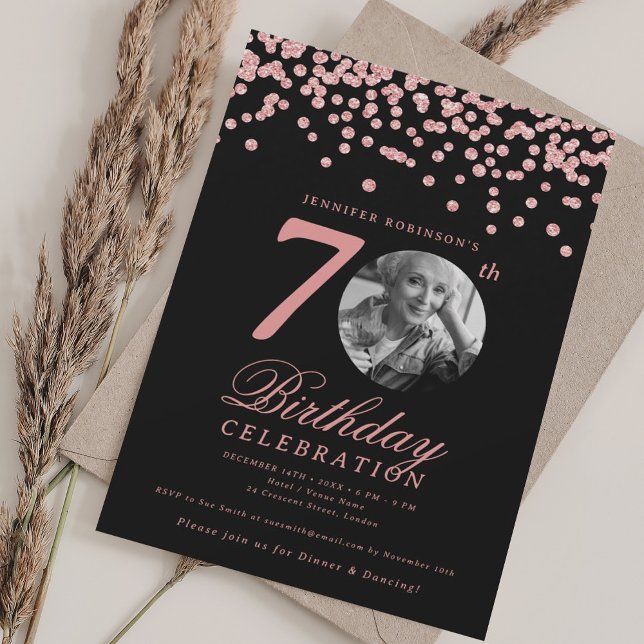 Elegant Photo 70th Birthday Rose Gold Black  Invitation (Elegant Photo 70th Birthday Rose Gold Black Invitation)