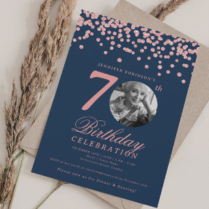 Elegant Photo 70th Birthday Rose Gold Navy  Invitation
