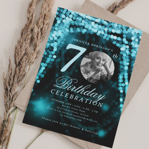 Elegant Photo 70th Birthday Turquoise Glam Lights Invitation