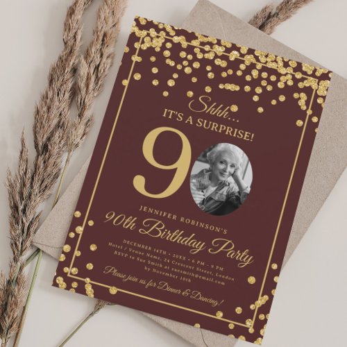 Elegant Photo 90th Birthday Gold Confetti Burgundy Invitation