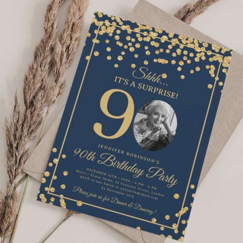 Elegant Photo 90th Birthday Gold Confetti Navy Blu Invitation