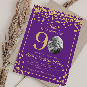 Elegant Photo 90th Birthday Gold Confetti Purple Invitation