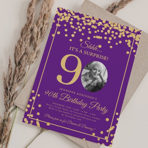 Elegant Photo 90th Birthday Gold Confetti Purple  Invitation