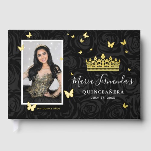 Elegant Photo and Real Gold Foil Black Quinceanera Foil Guest Book