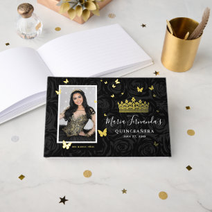 Elegant Photo and Real Gold Foil Black Quinceanera Guest Book