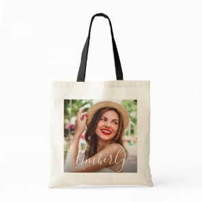 elegant photo and script tote bag