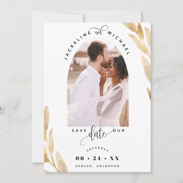 Elegant Photo Arch and Golden Leaves Wedding Save The Date (Front)