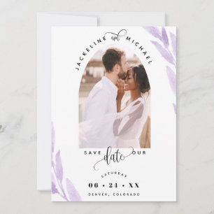 Elegant Photo Arch and Purple Leaves Wedding Save The Date