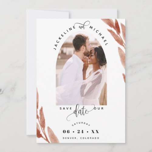 Elegant Photo Arch and Terracotta Leaves Wedding Save The Date