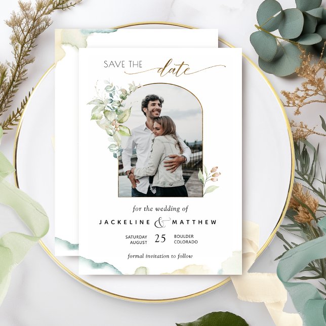 Elegant Photo Arch, Eucalyptus Greenery Watercolor Save The Date (Creator Uploaded)