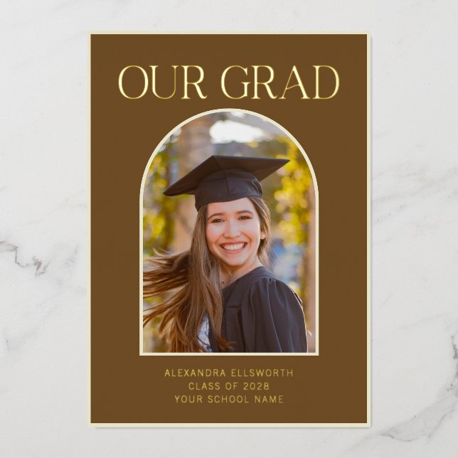 Elegant Photo Arch Graduation Brown Gold Foil Card (Front)