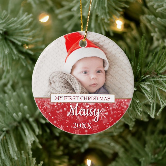 Elegant Photo Baby's First Christmas Script Ceramic Ornament (Tree)
