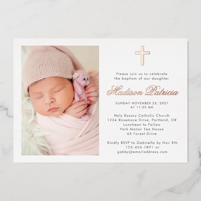 Elegant Photo Baptism Real Gold Foil Invitation (Front)