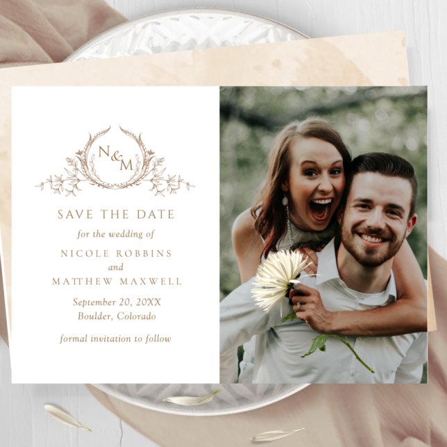 Elegant Photo Beige Cream Monogram Wedding Save The Date (Creator Uploaded)