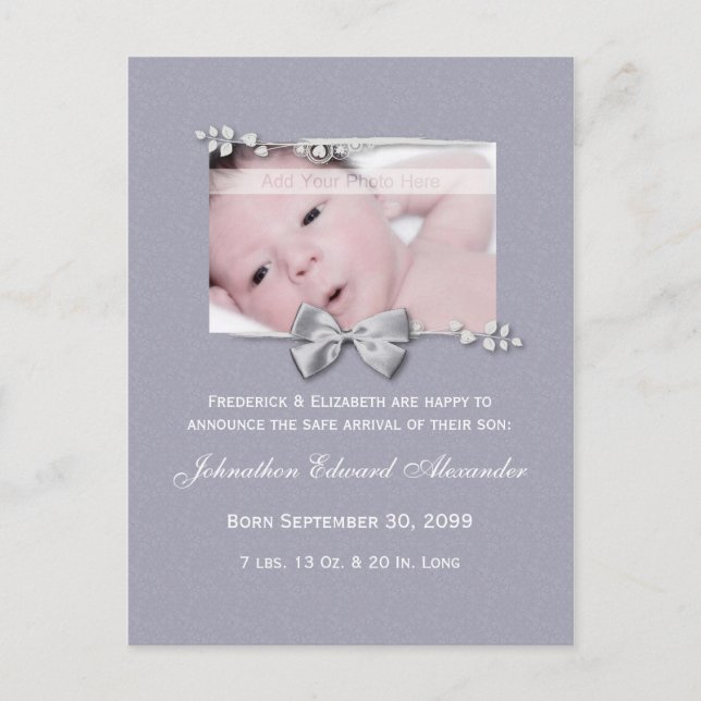Elegant Photo Birth Announcement Silver Ribbon (Front)